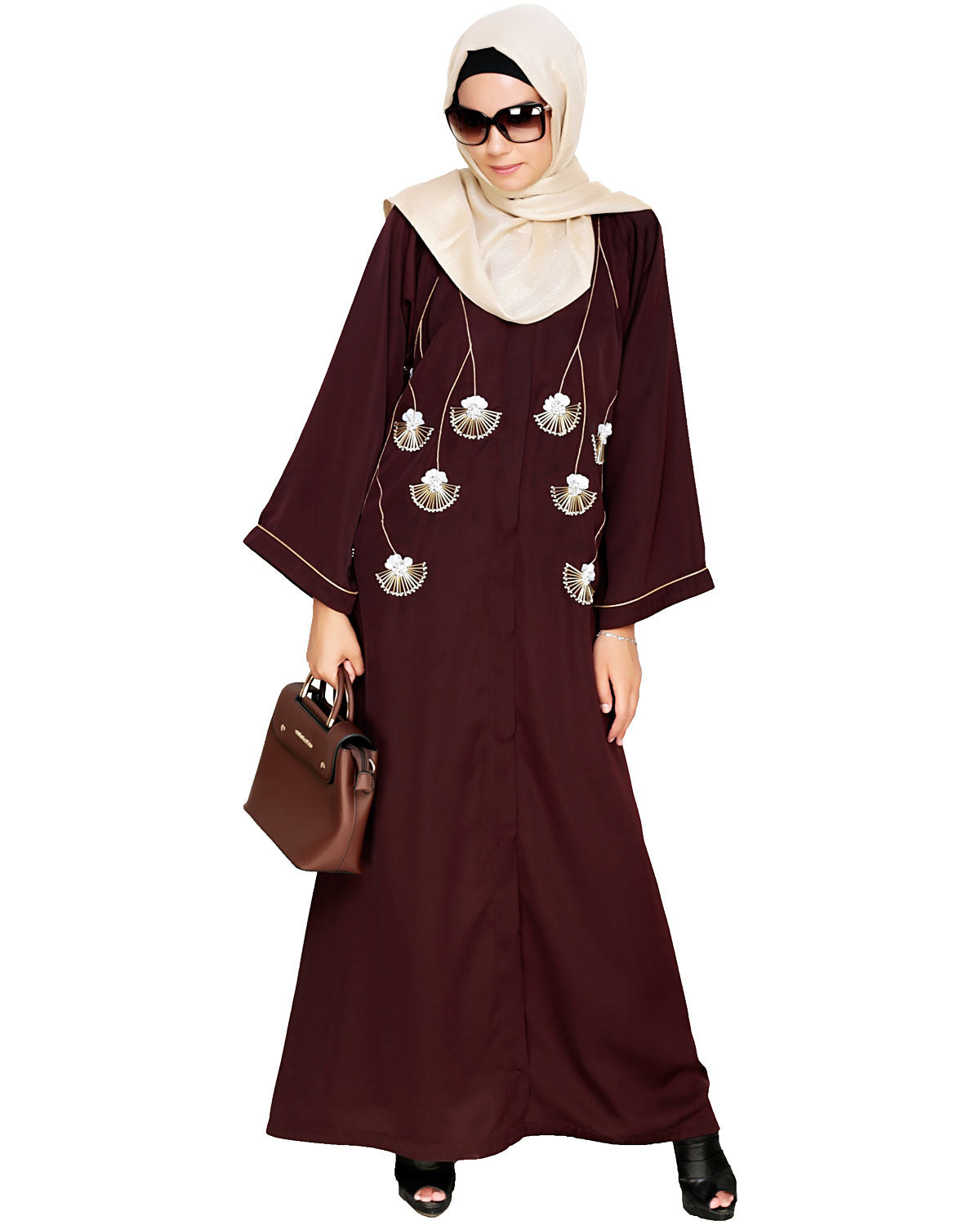 Hanging Tulip Embroidered Dubai Style Abaya Brown