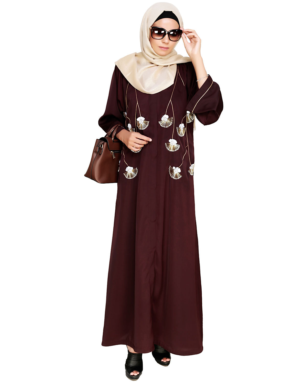 Hanging Tulip Embroidered Dubai Style Abaya Brown