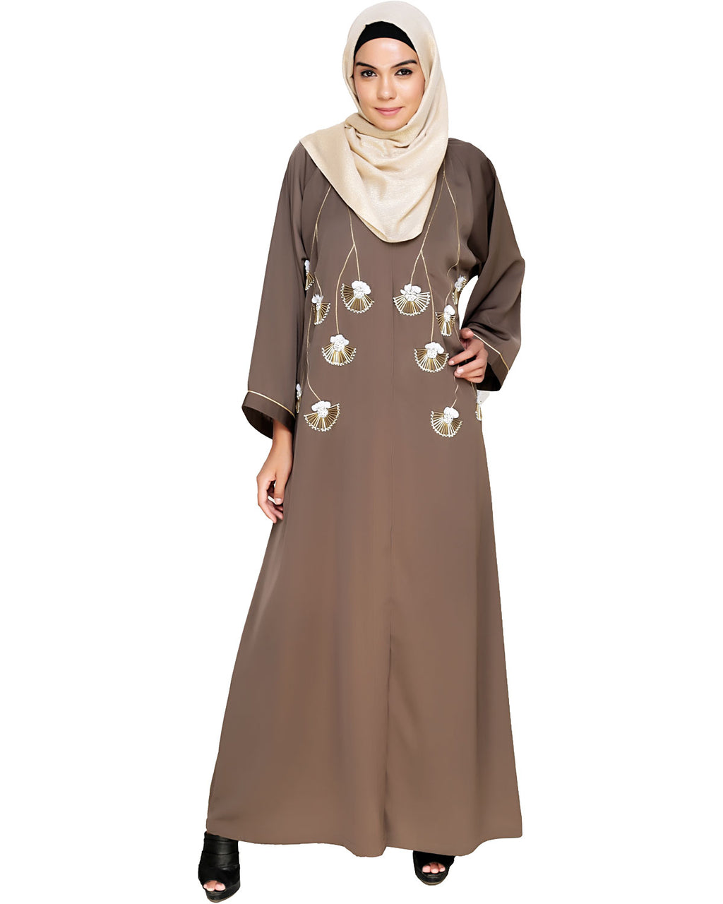 Hanging Tulip Embroidered Dubai Style Abaya Oak Brown