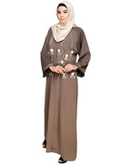Hanging Tulip Embroidered Dubai Style Abaya Oak Brown