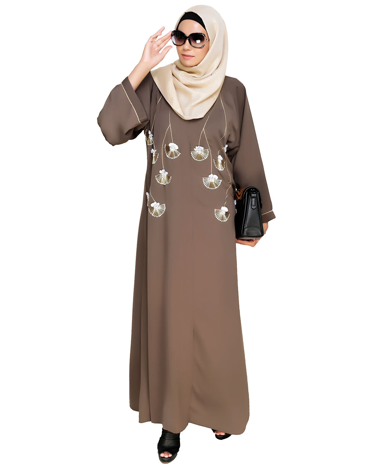Hanging Tulip Embroidered Dubai Style Abaya Oak Brown