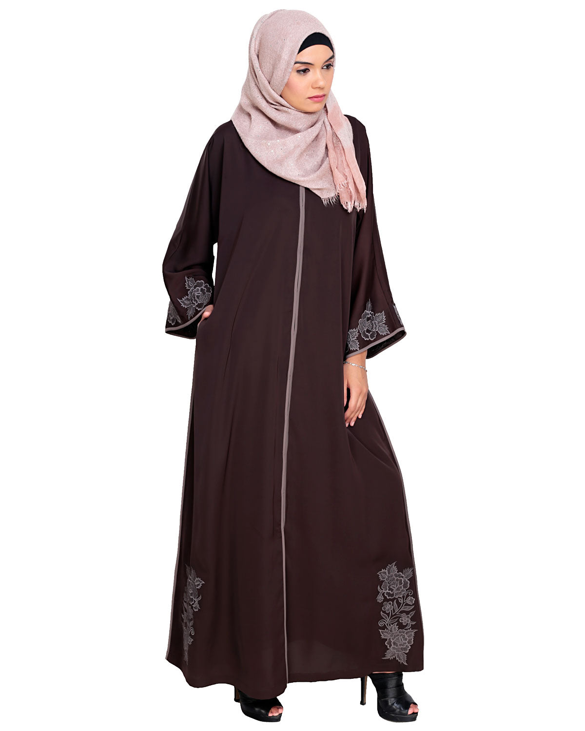 Bewitching Floral Dubai Style Embroidered Abaya Brown