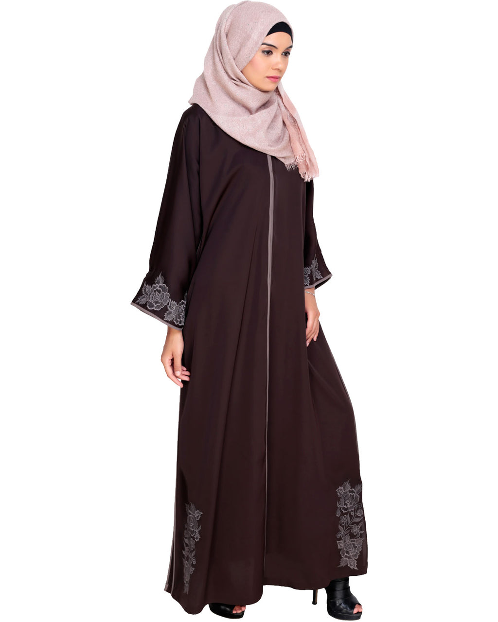 Bewitching Floral Dubai Style Embroidered Abaya Brown
