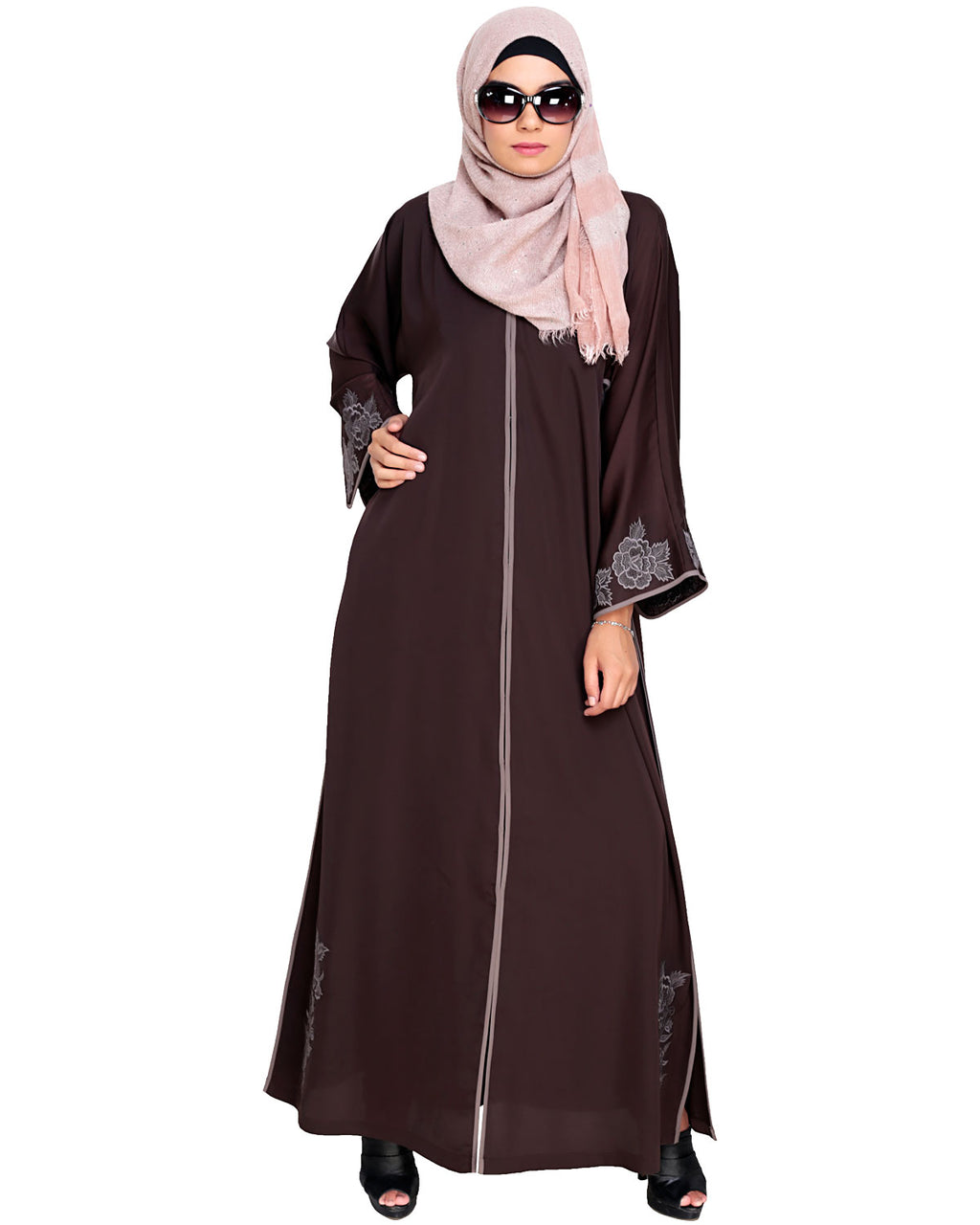 Bewitching Floral Dubai Style Embroidered Abaya Brown