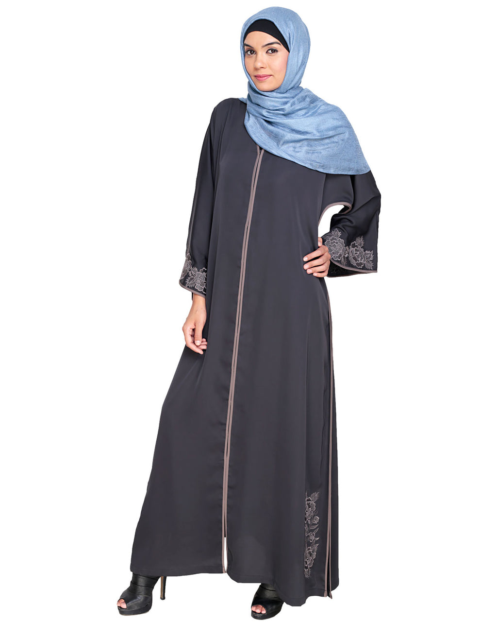 Bewitching Floral Dubai Style Embroidered Abaya Grey