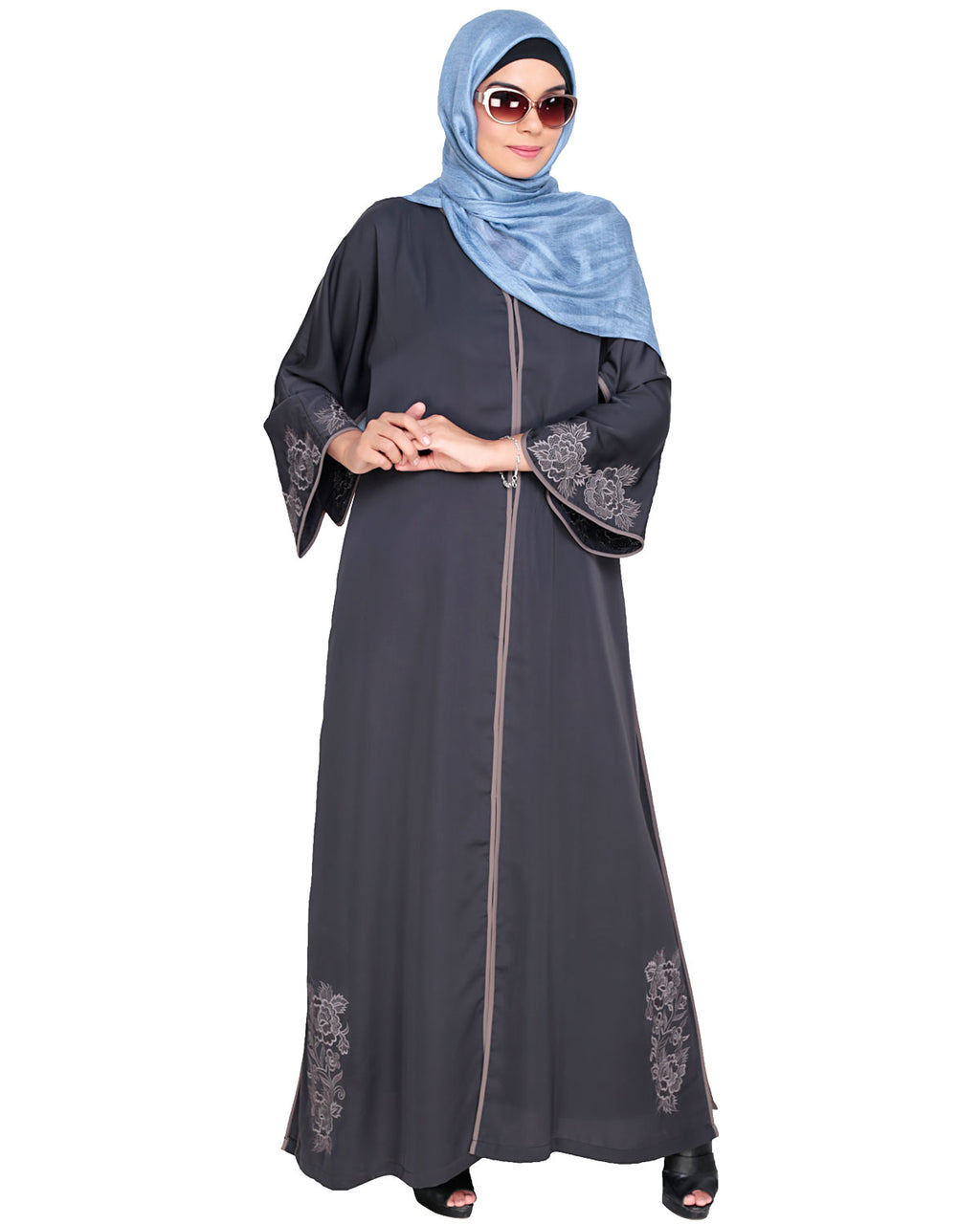 Bewitching Floral Dubai Style Embroidered Abaya Grey