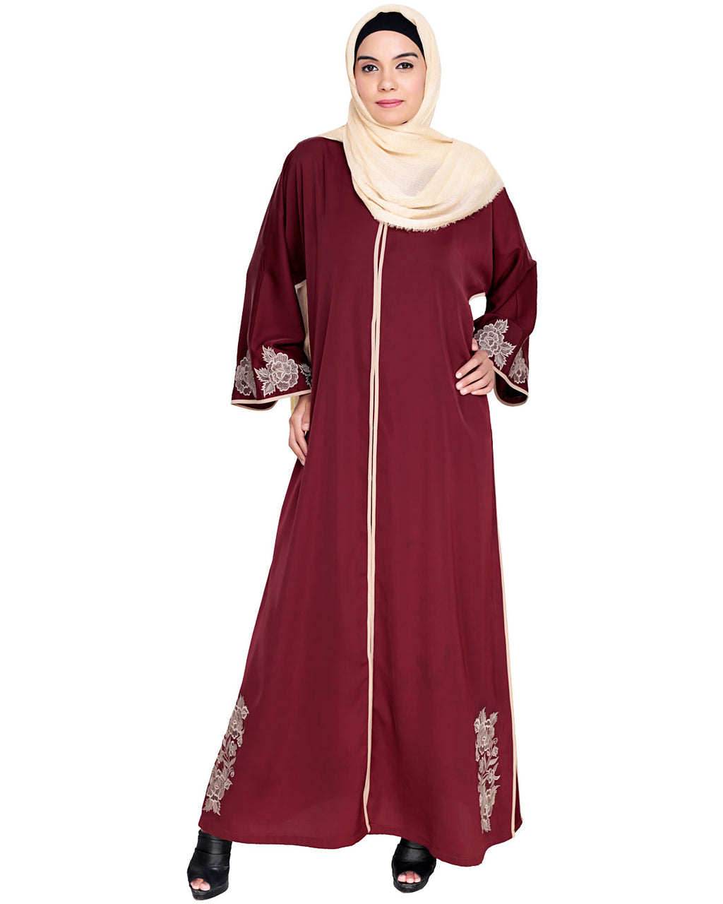 Bewitching Floral Dubai Style Embroidered Abaya Maroon