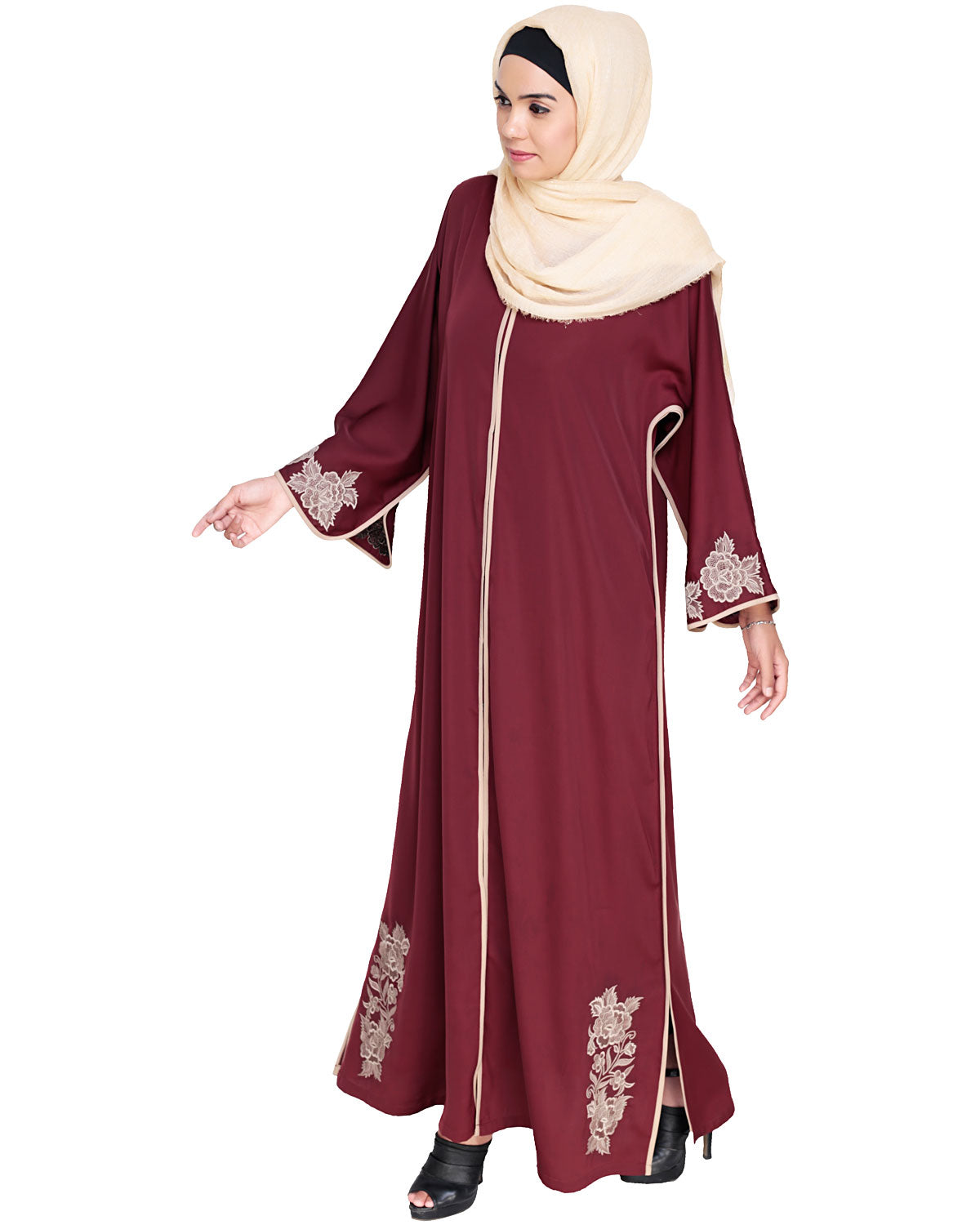 Bewitching Floral Dubai Style Embroidered Abaya Maroon
