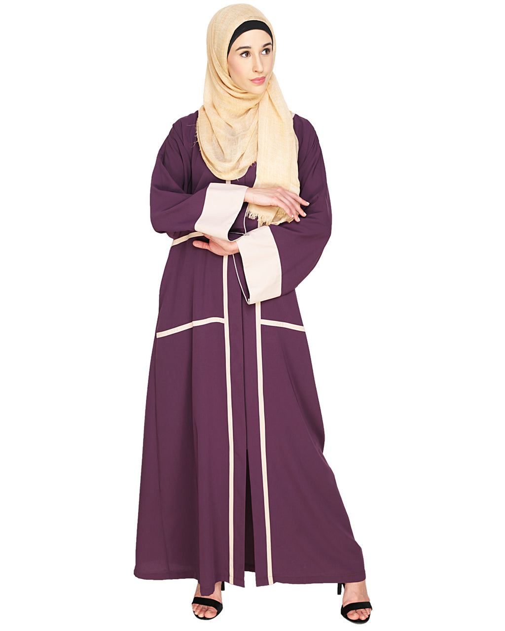 Elegant Black Dubai Style Abaya with Detailing Purple