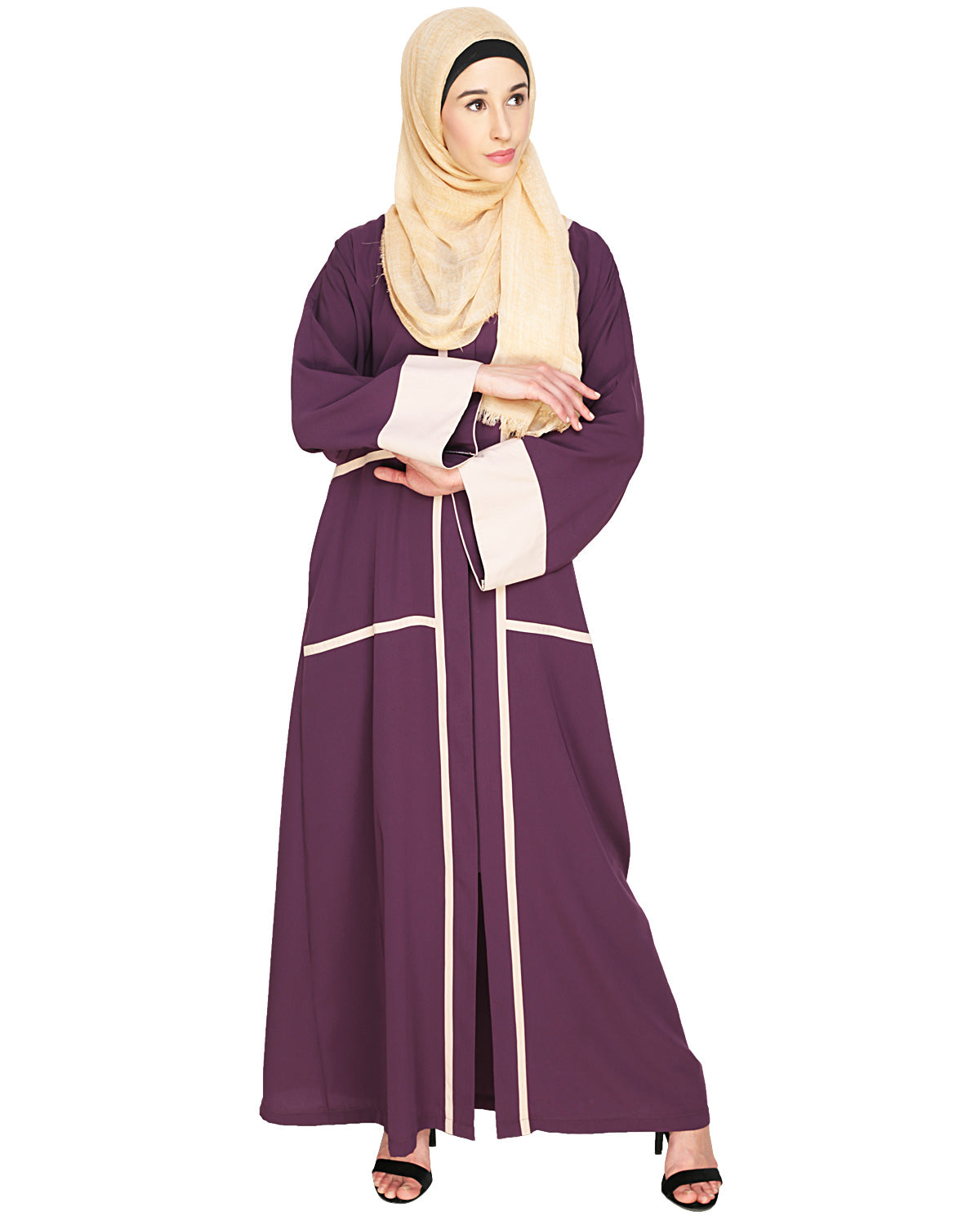 Elegant Black Dubai Style Abaya with Detailing Purple