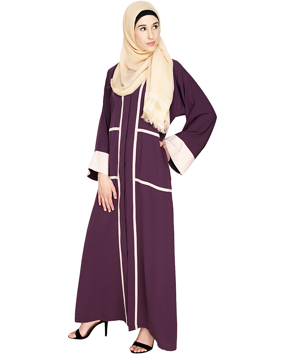Elegant Black Dubai Style Abaya with Detailing Purple