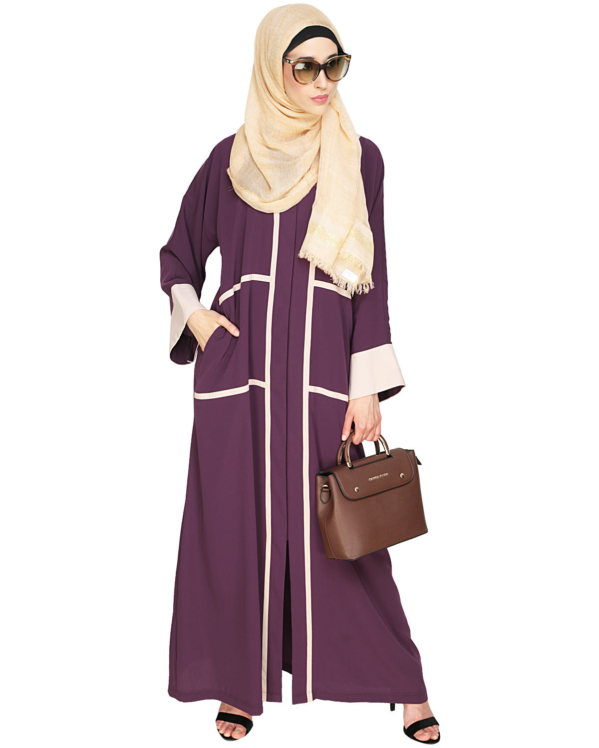 Elegant Black Dubai Style Abaya with Detailing Purple