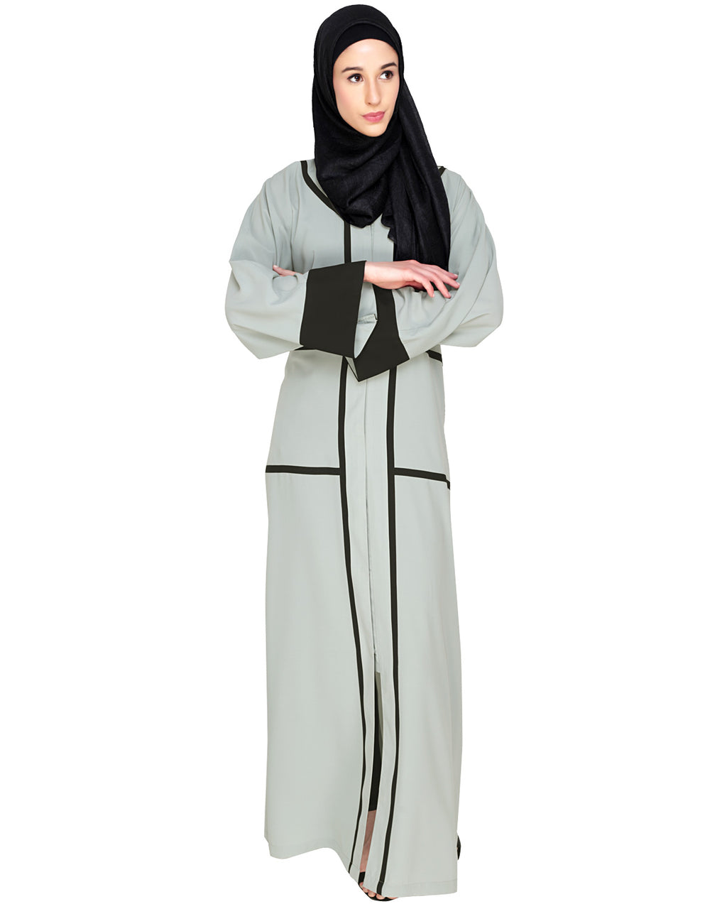 Elegant Black Dubai Style Abaya with Detailing Sage Green