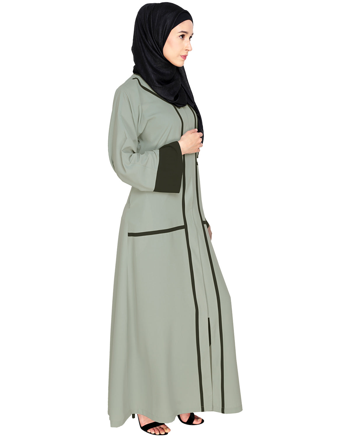 Elegant Black Dubai Style Abaya with Detailing Sage Green