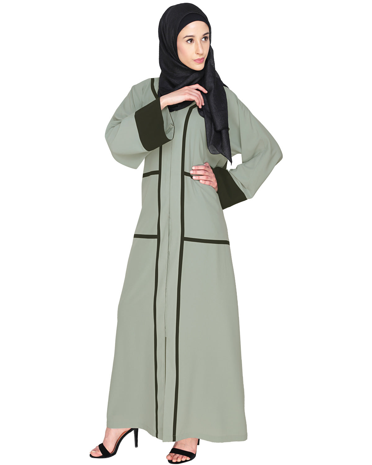 Elegant Black Dubai Style Abaya with Detailing Sage Green