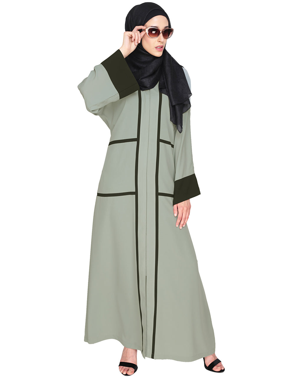 Elegant Black Dubai Style Abaya with Detailing Sage Green