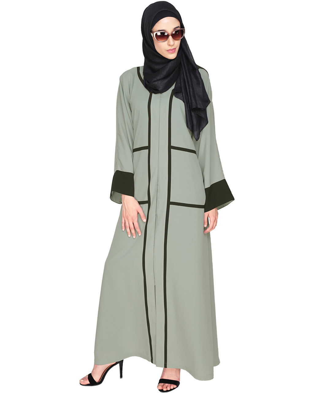 Elegant Black Dubai Style Abaya with Detailing Sage Green