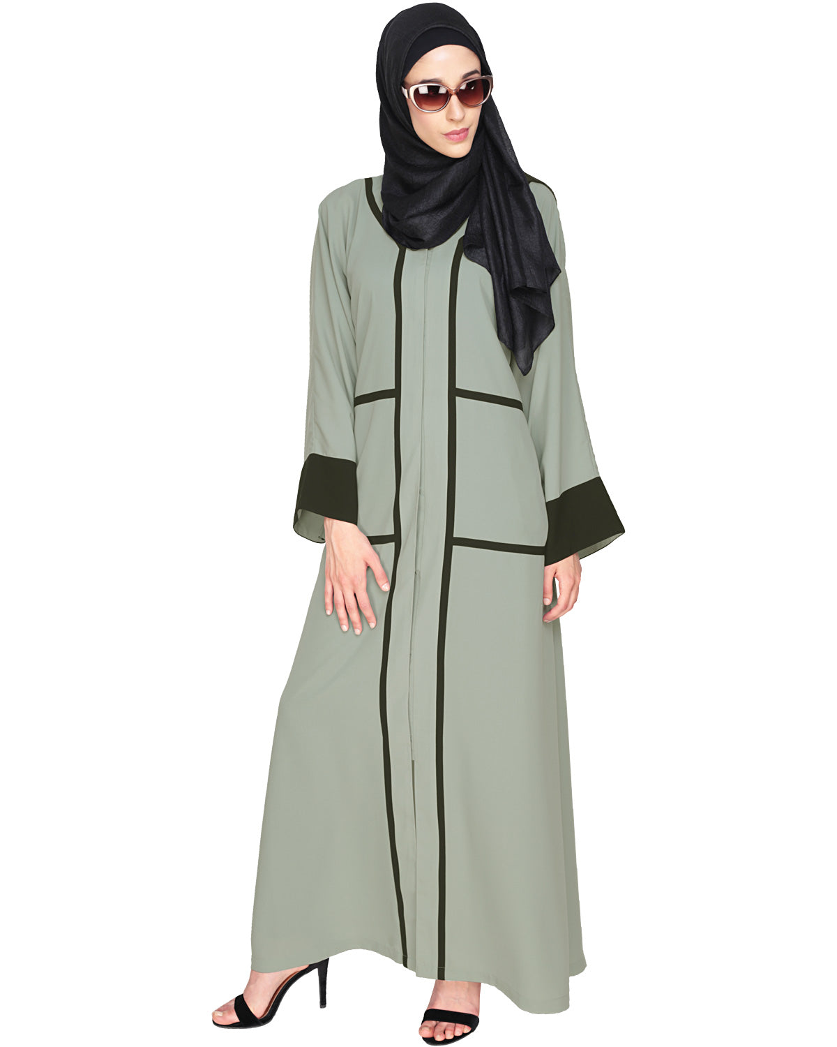 Elegant Black Dubai Style Abaya with Detailing Sage Green