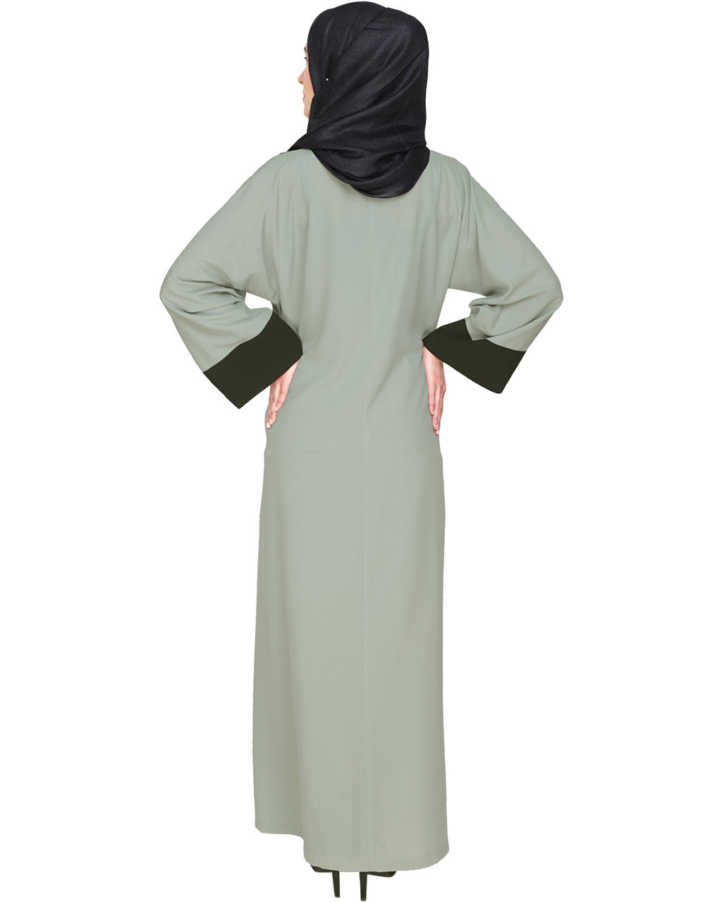Elegant Black Dubai Style Abaya with Detailing Sage Green