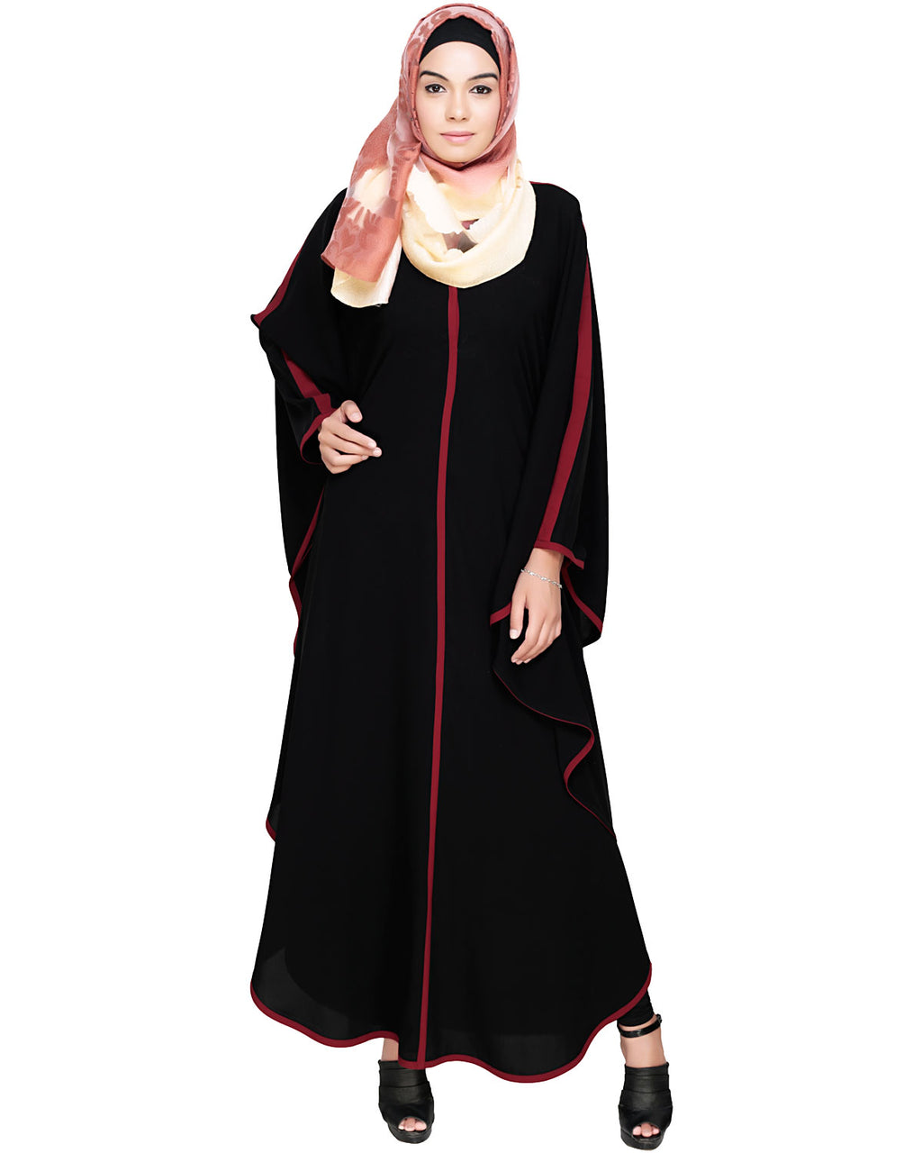 Modish Black Kaftan with White Detailing Black & Wine