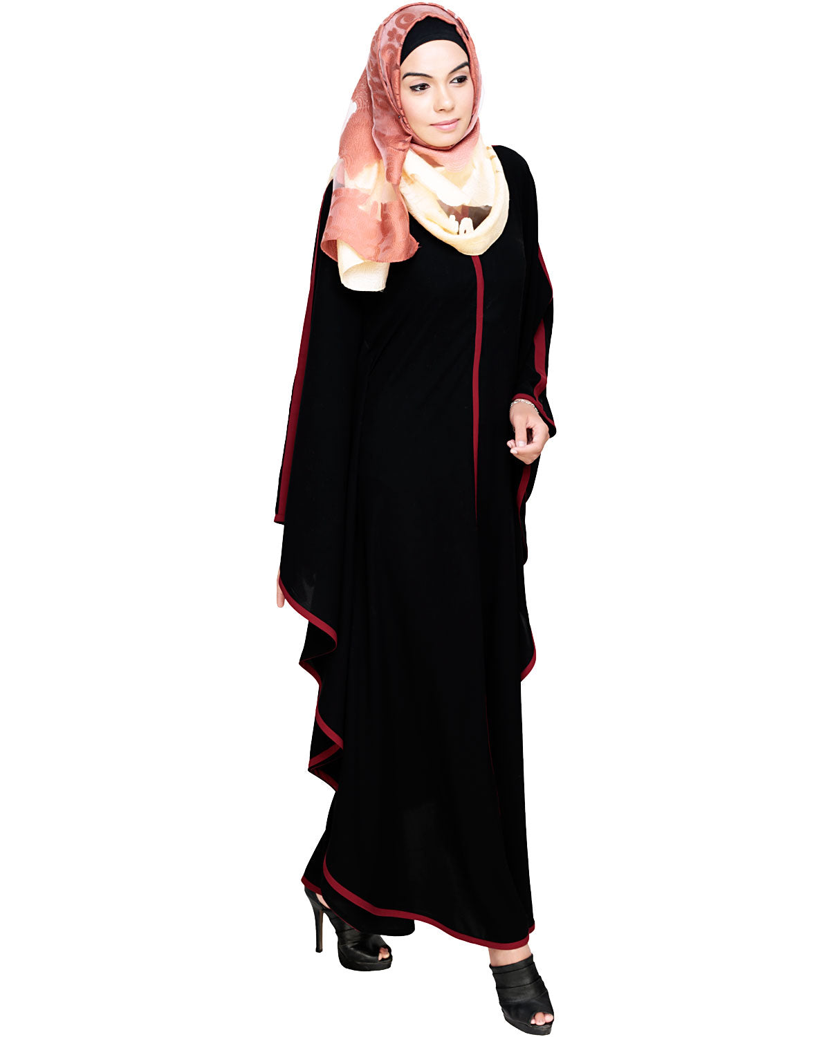 Modish Black Kaftan with White Detailing Black & Wine