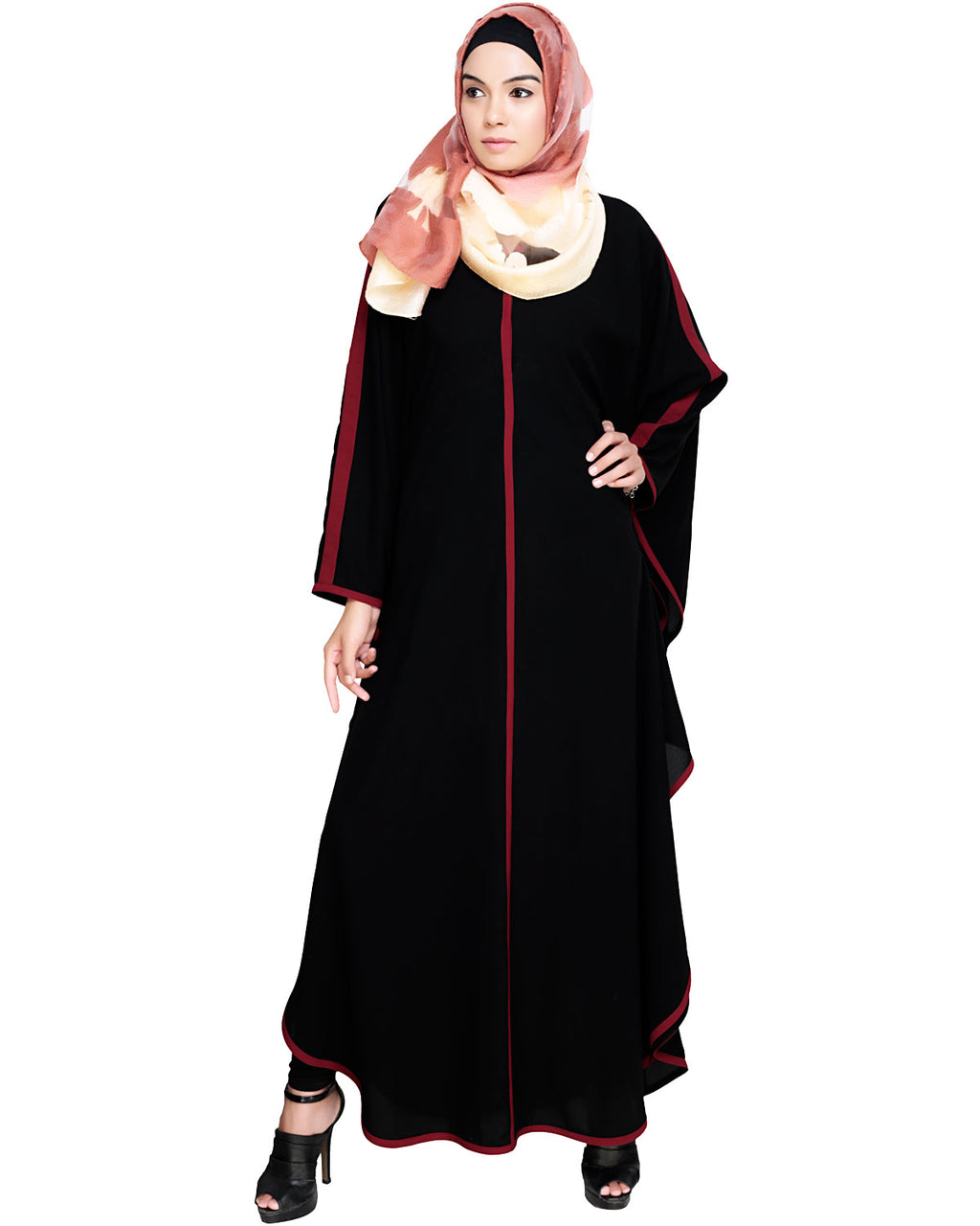 Modish Black Kaftan with White Detailing Black & Wine