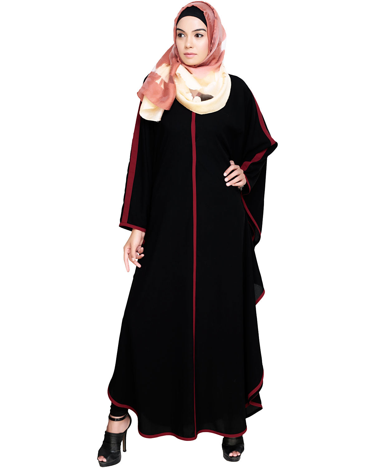 Modish Black Kaftan with White Detailing Black & Wine