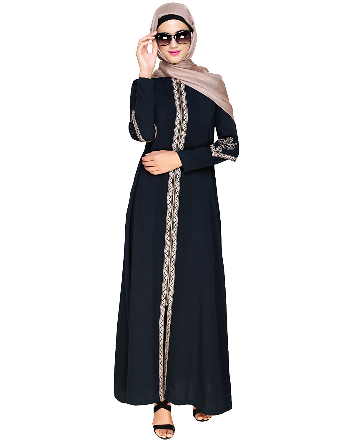 Bygone Front Zipper Abaya Blue