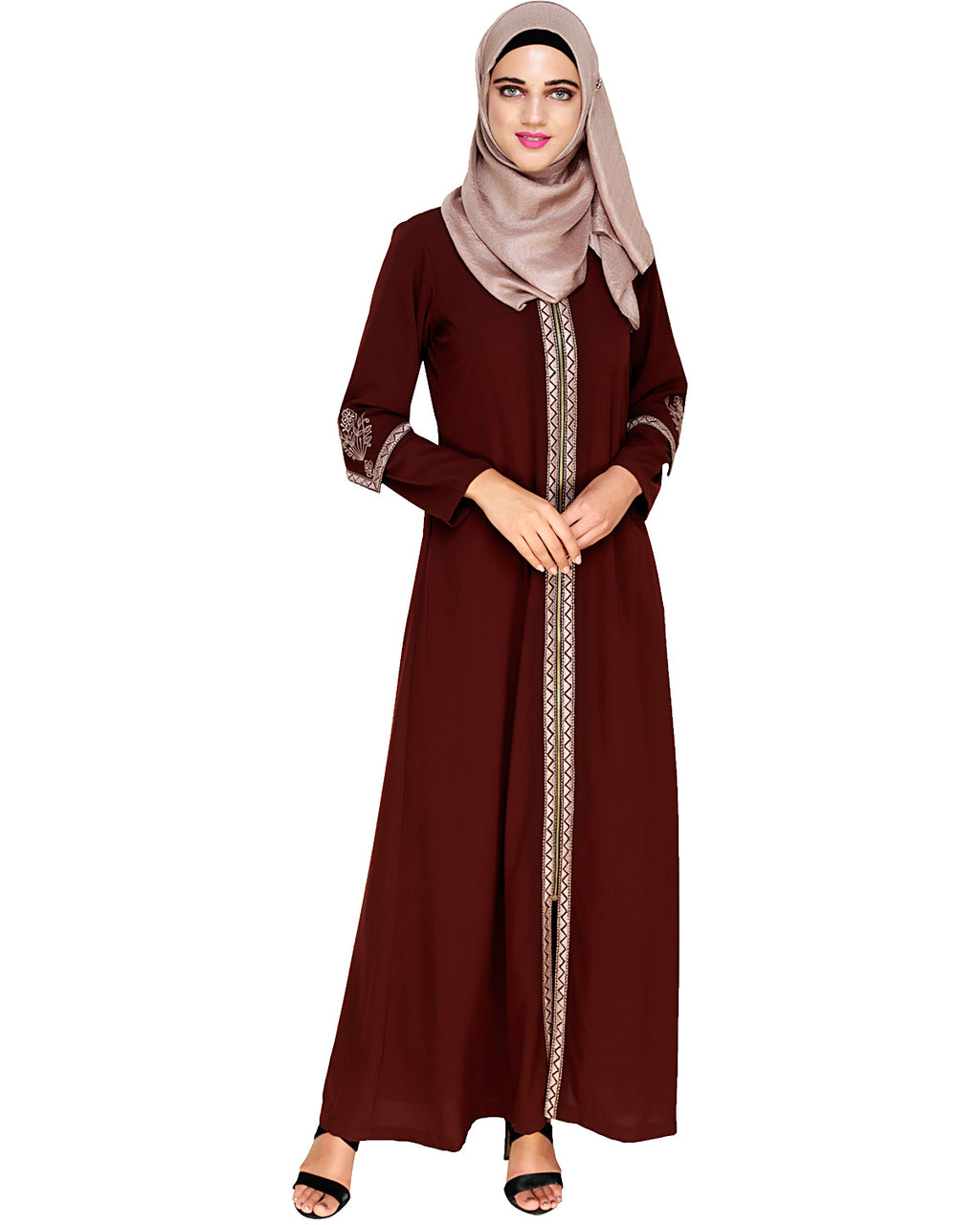 Bygone Front Zipper Abaya Brown