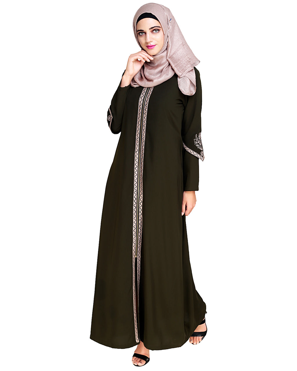 Bygone Front Zipper Abaya Olive