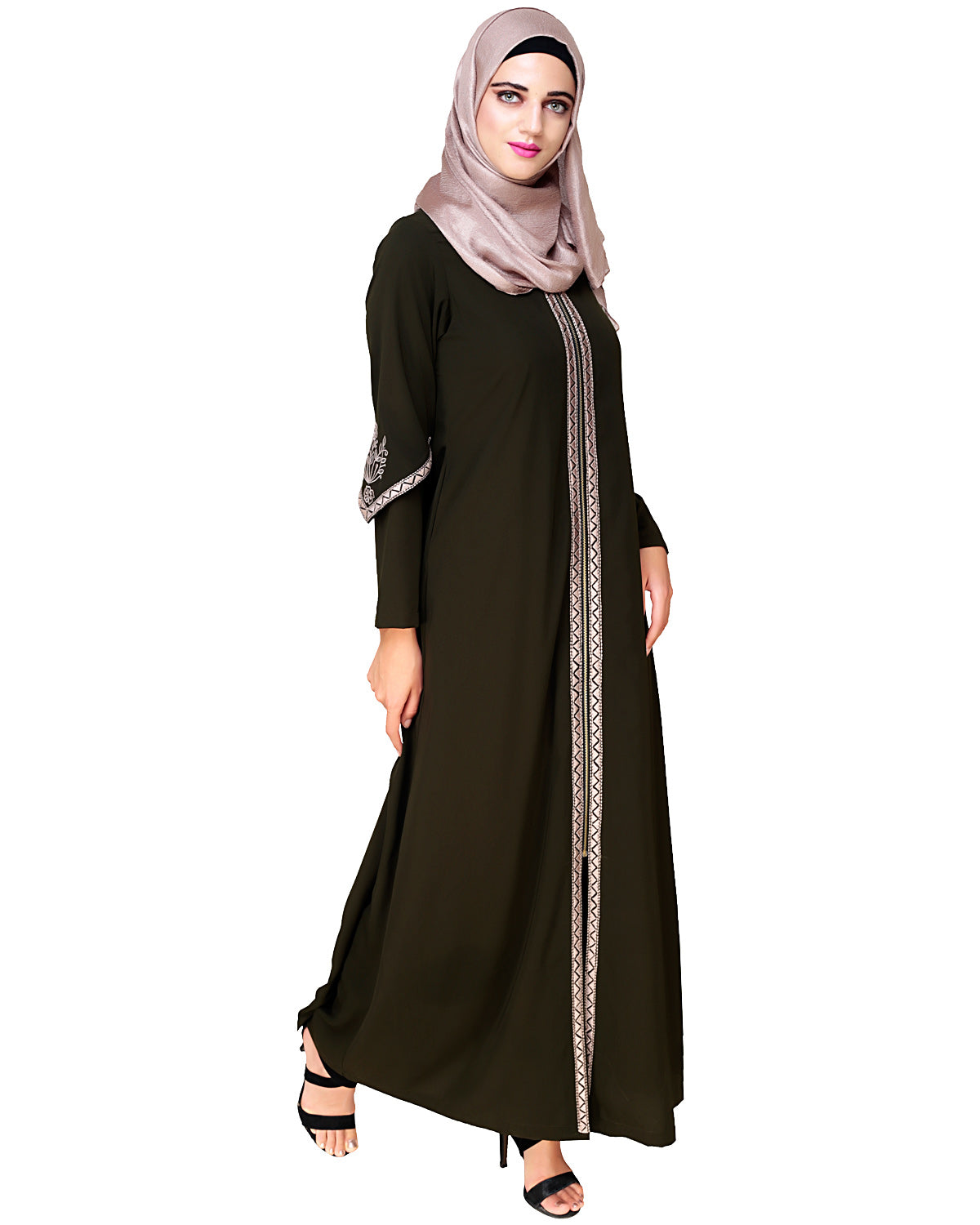 Bygone Front Zipper Abaya Olive