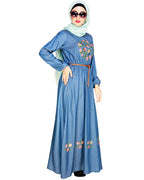 Plush Embroidered Maxi Dress Abaya Blue