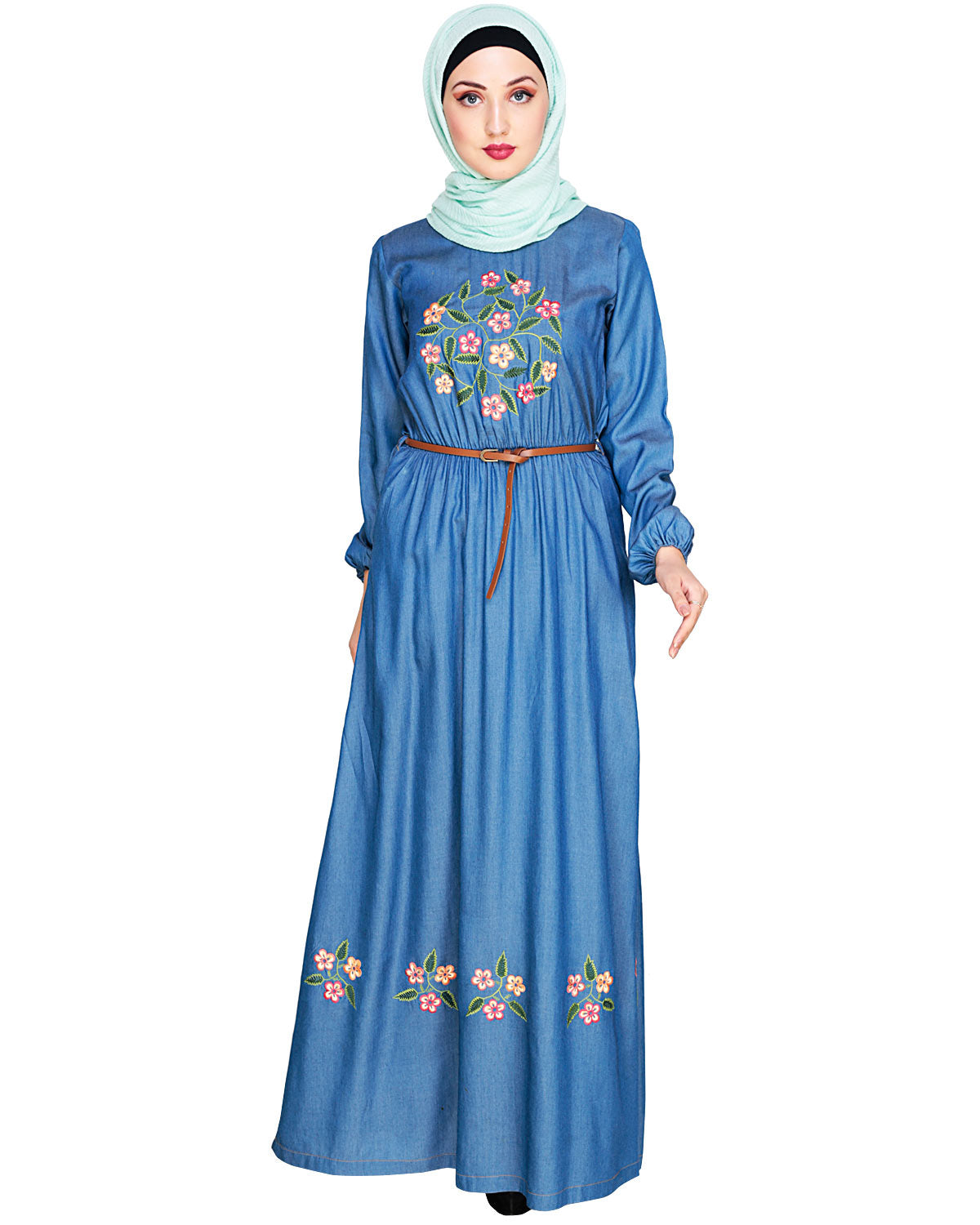 Plush Embroidered Maxi Dress Abaya Blue