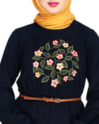 Plush Embroidered Maxi Dress Abaya Dark Blue