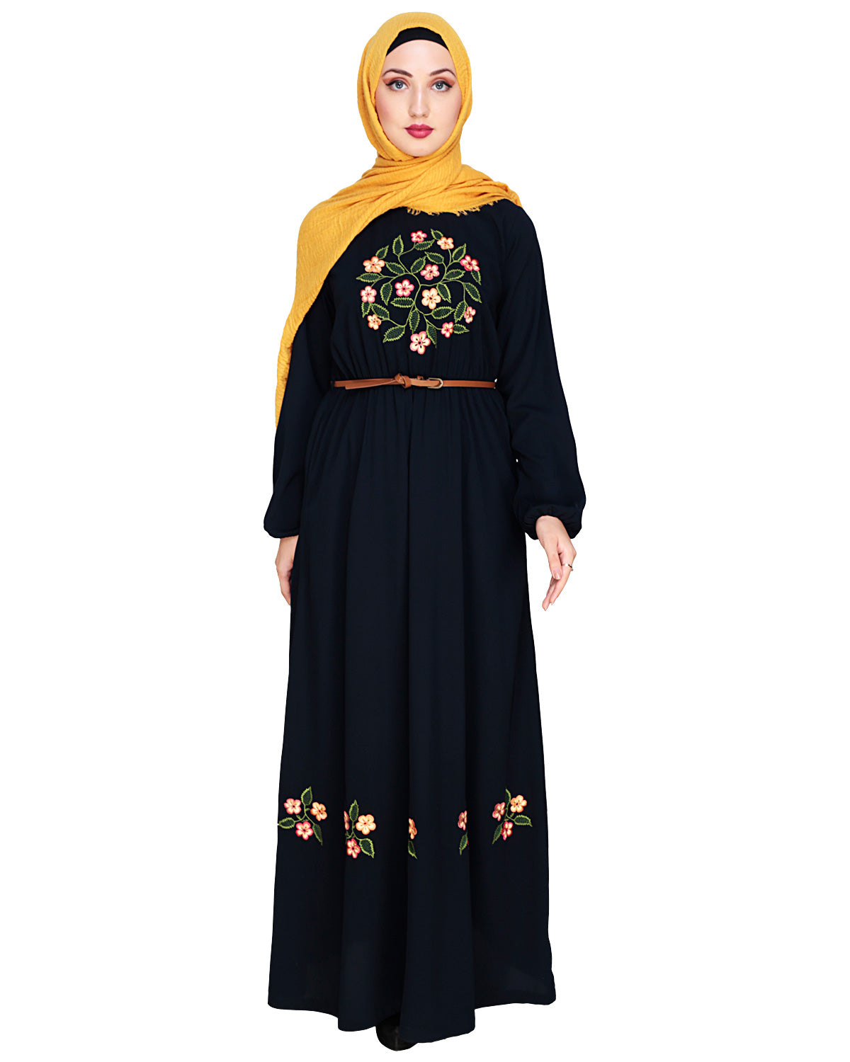 Plush Embroidered Maxi Dress Abaya Dark Blue