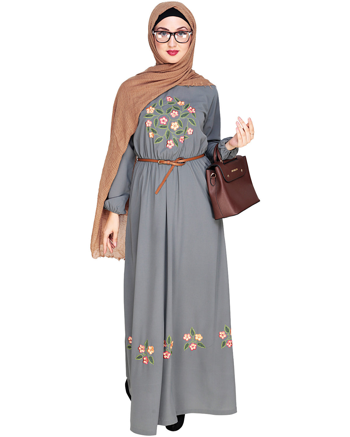 Plush Embroidered Maxi Dress Abaya Grey