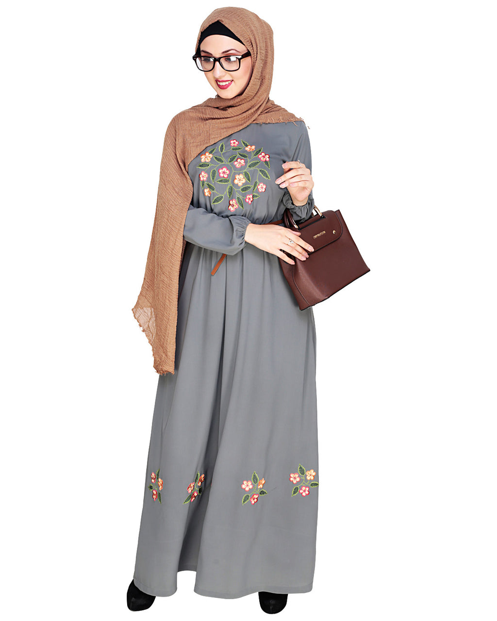 Plush Embroidered Maxi Dress Abaya Grey