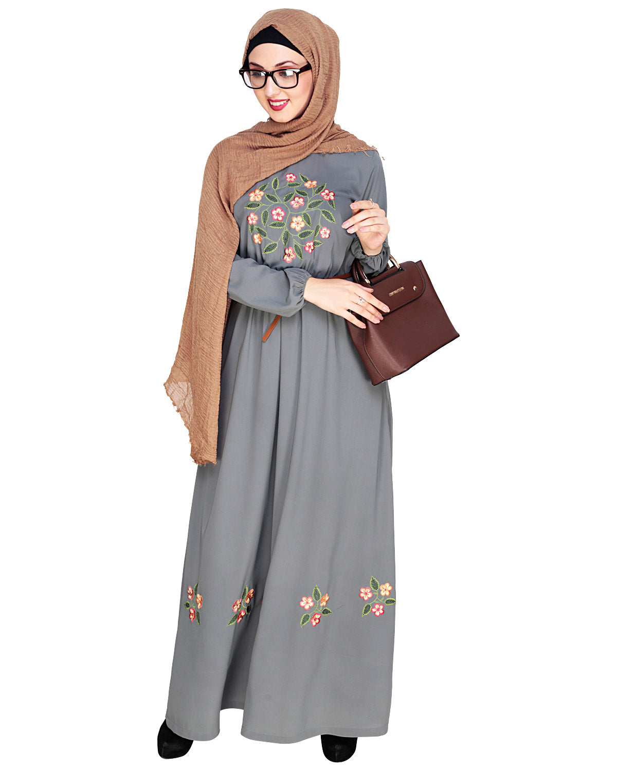Plush Embroidered Maxi Dress Abaya Grey