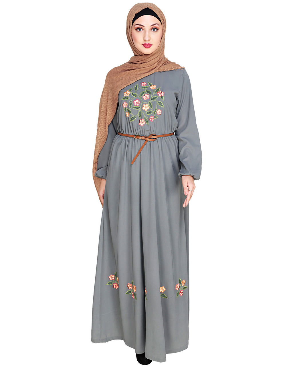 Plush Embroidered Maxi Dress Abaya Grey