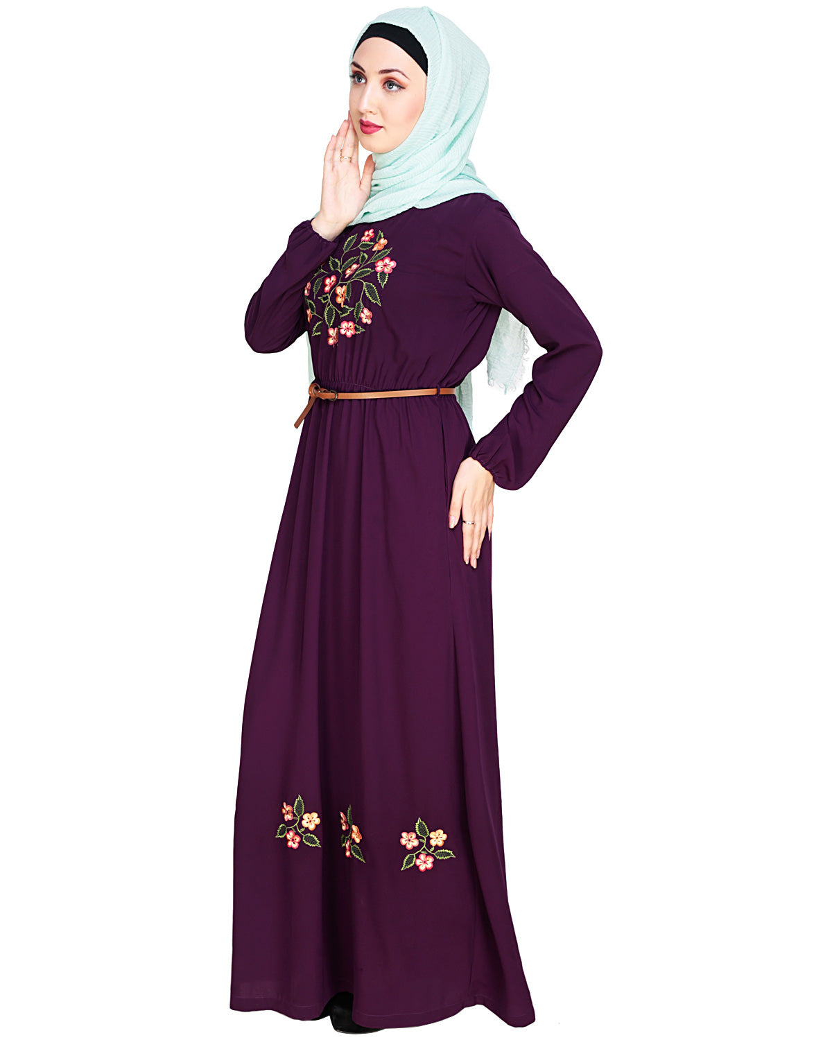 Plush Embroidered Maxi Dress Abaya Purple