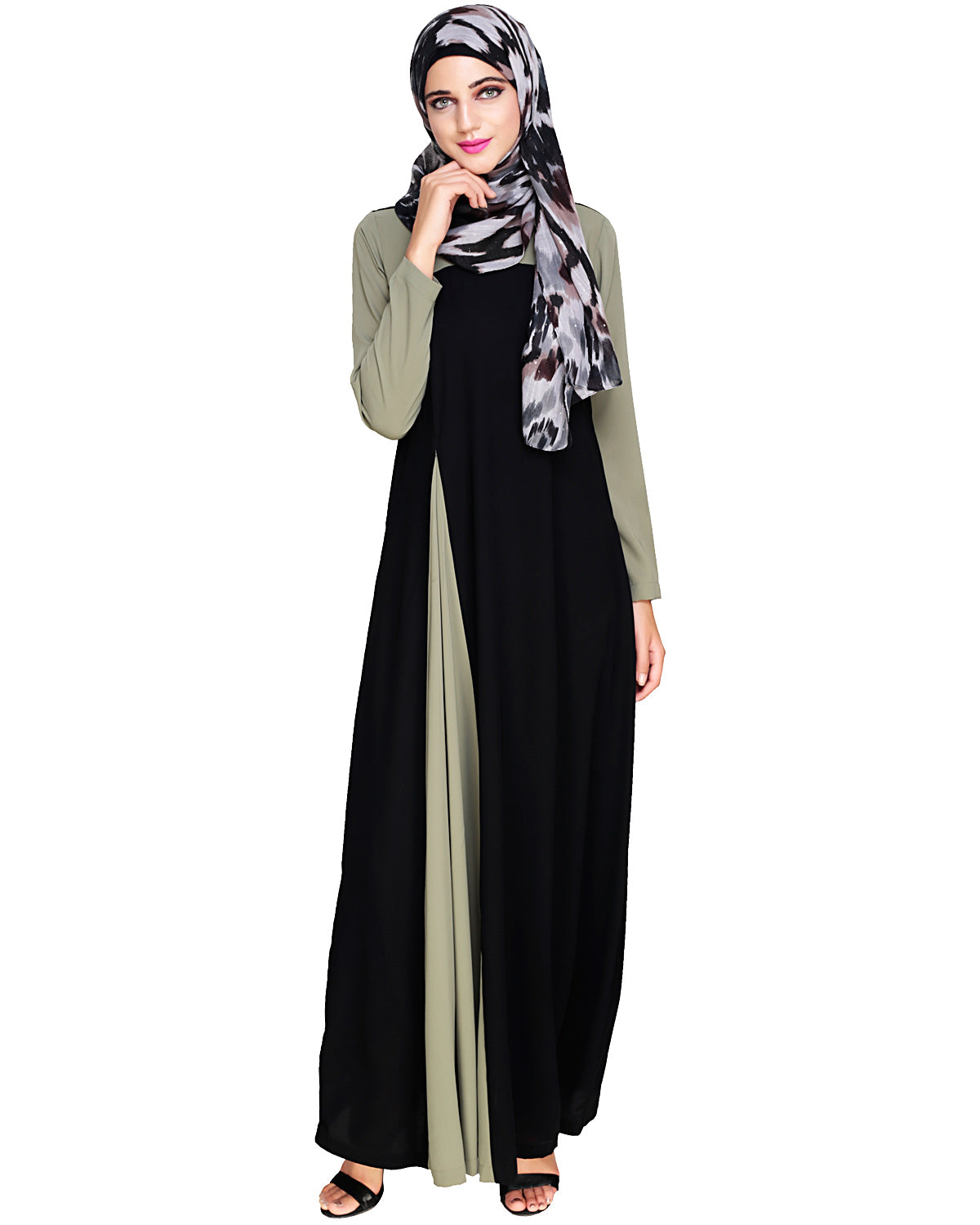 Accordion Side Pleated Abaya Olive Black