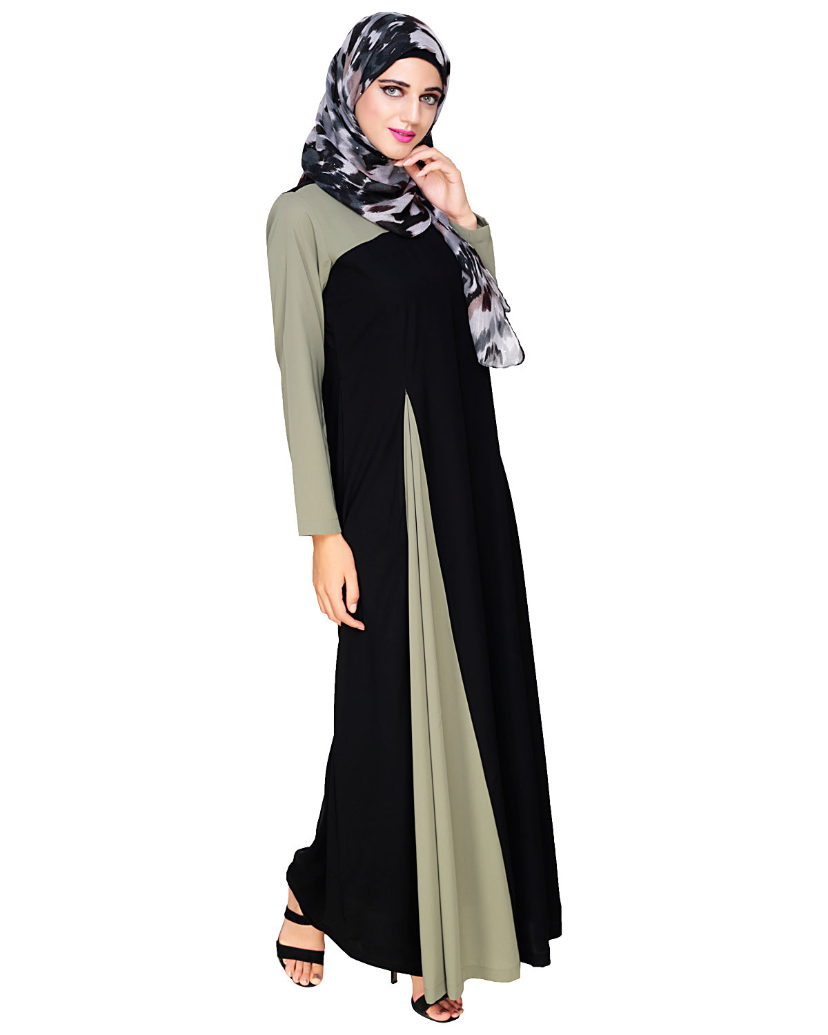 Accordion Side Pleated Abaya Olive Black