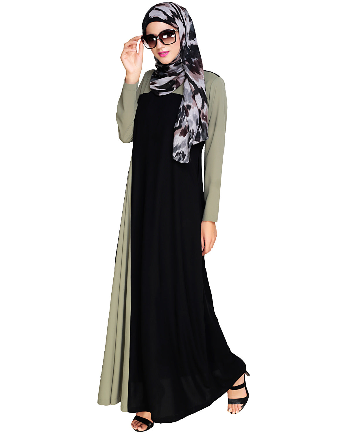 Accordion Side Pleated Abaya Olive Black