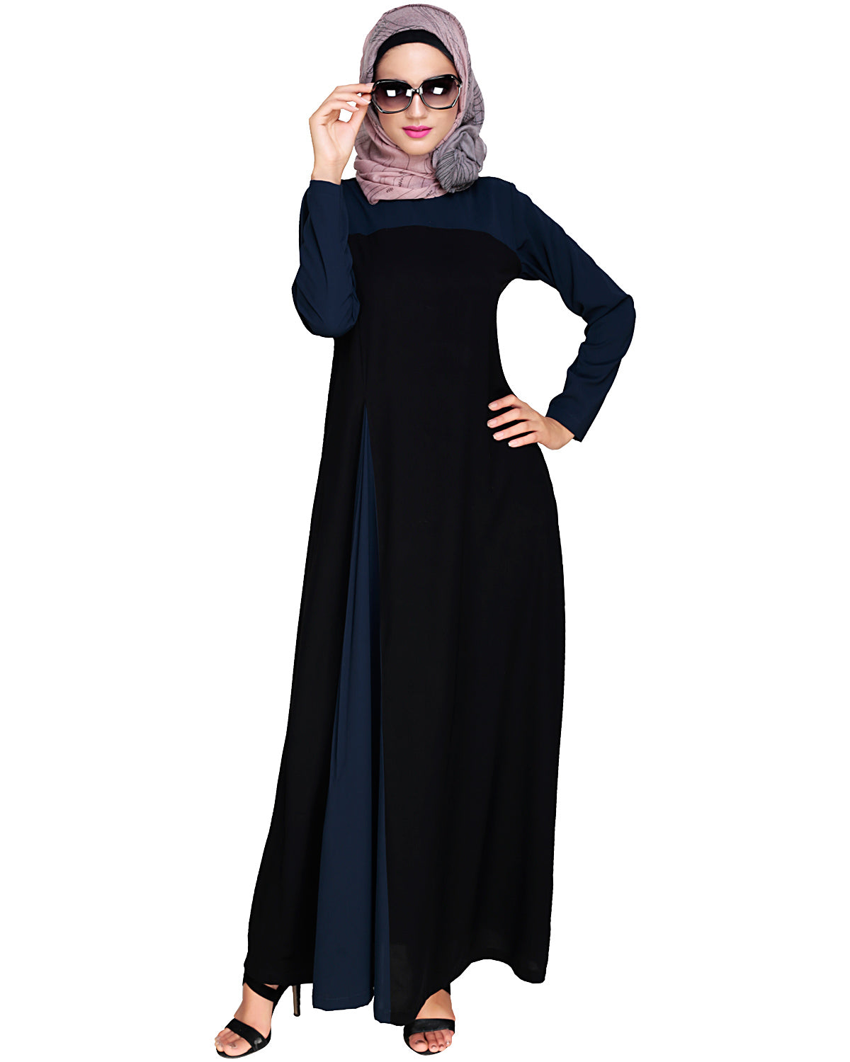 Accordion Side Pleated Abaya Navy Black