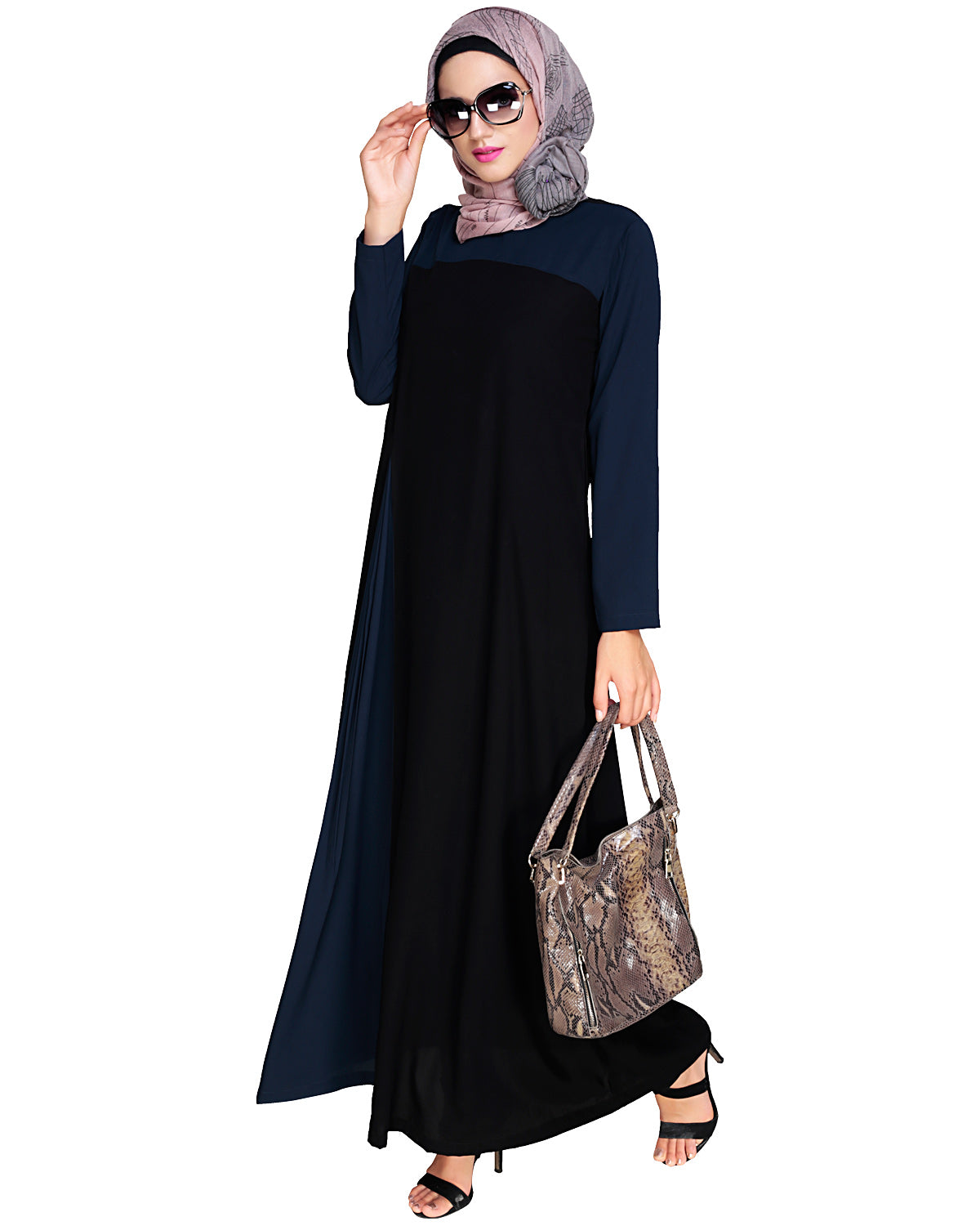 Accordion Side Pleated Abaya Navy Black