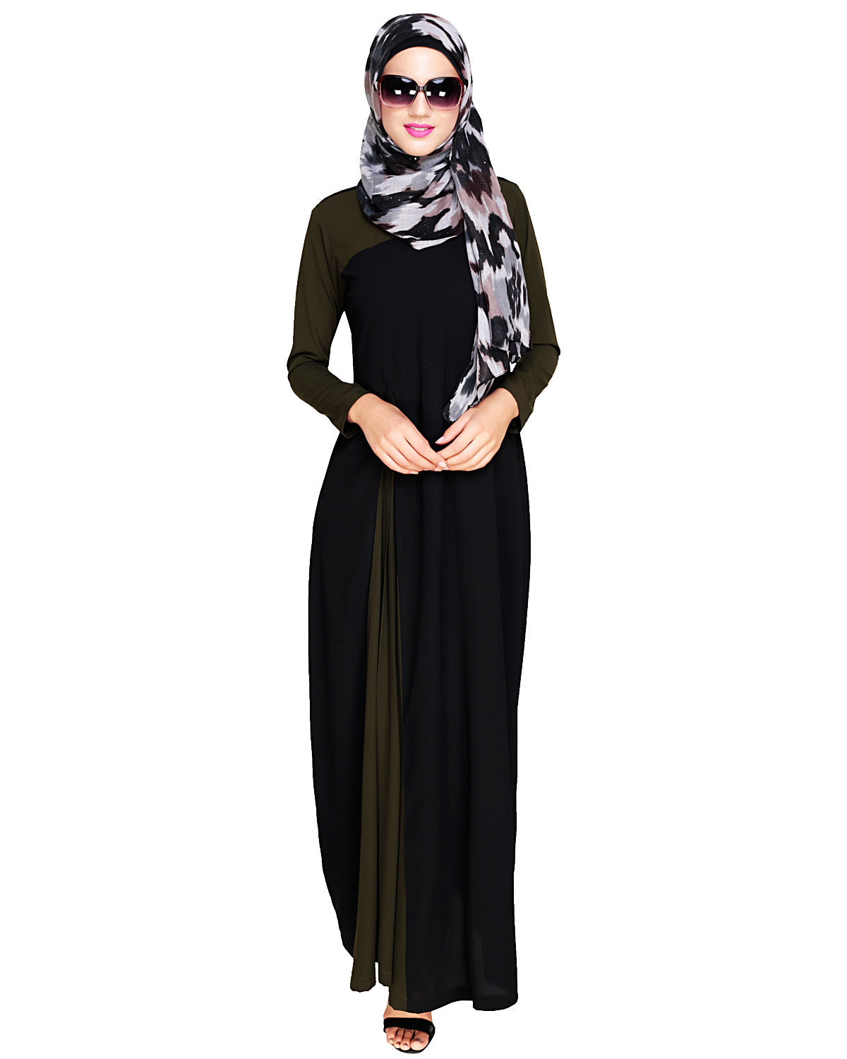 Accordion Side Pleated Abaya Olive Black
