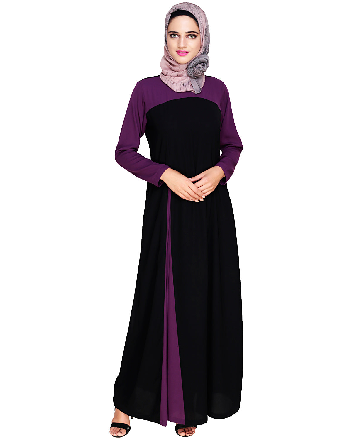 Accordion Side Pleated Abaya Purple & Black