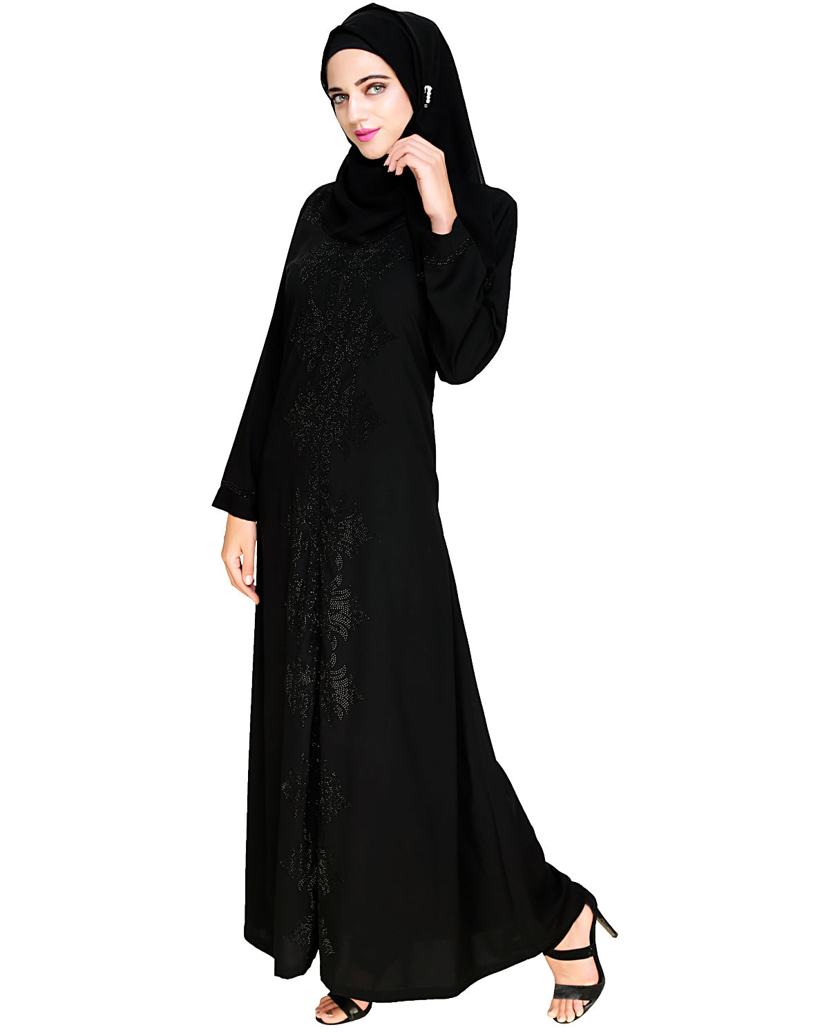 Exquisite Stone Work Stylish Black Dubai Style Abaya Black