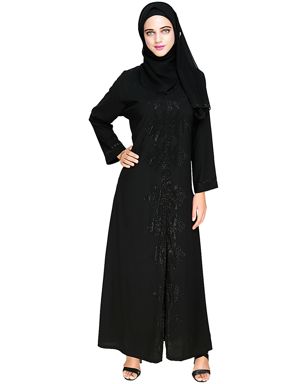 Exquisite Stone Work Stylish Black Dubai Style Abaya Black