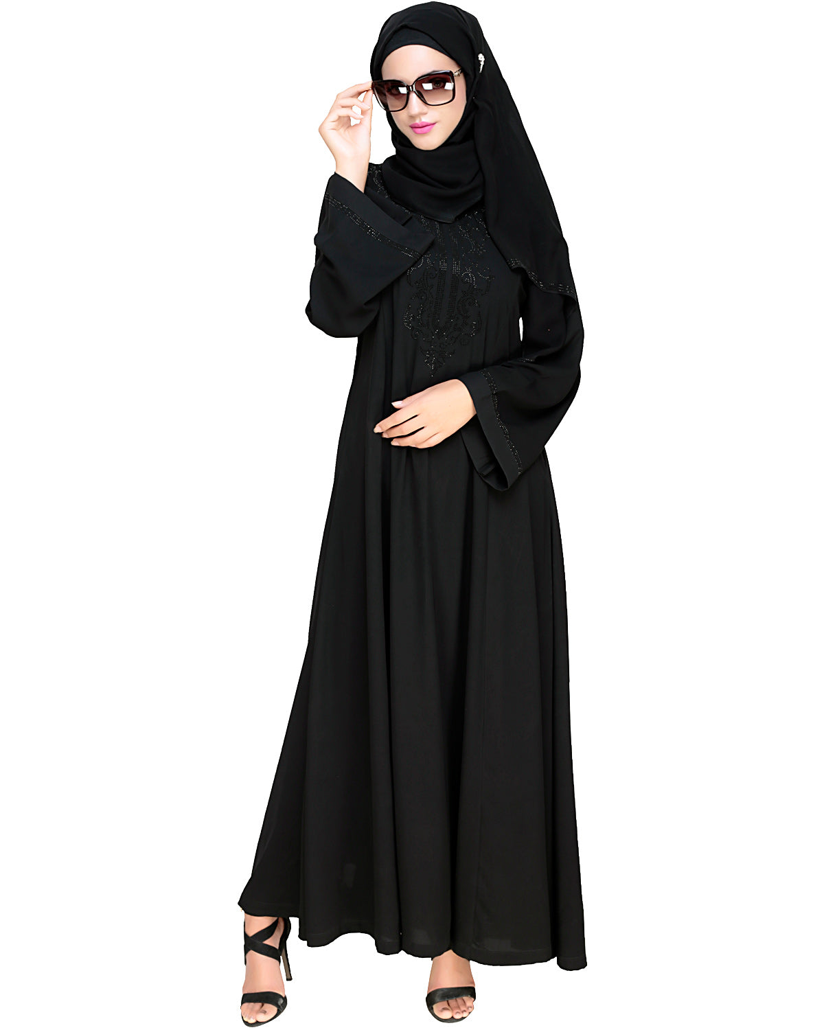 Exquisite Stone Work Designer Black Dubai Style Abaya Black
